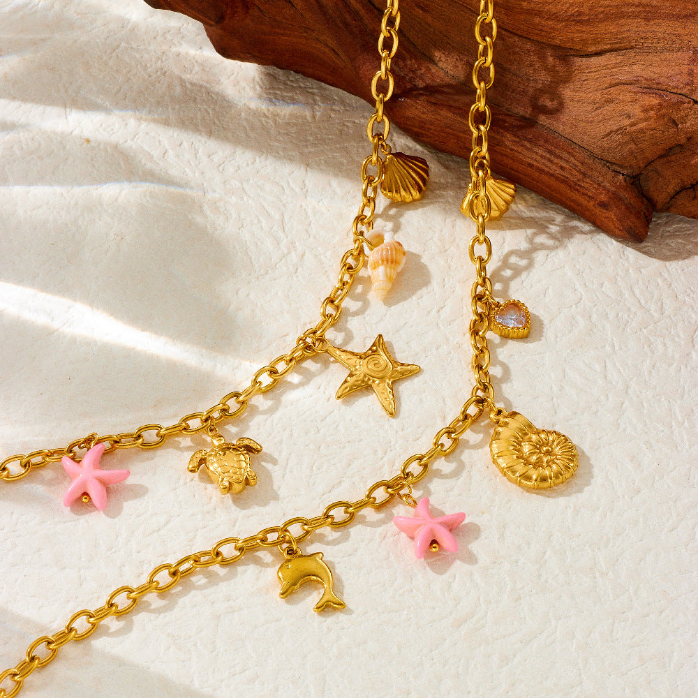 Personality Drip Oil Stainless Steel Dolphin Starfish Pearl Shell Necklace with Thick Chain for Women