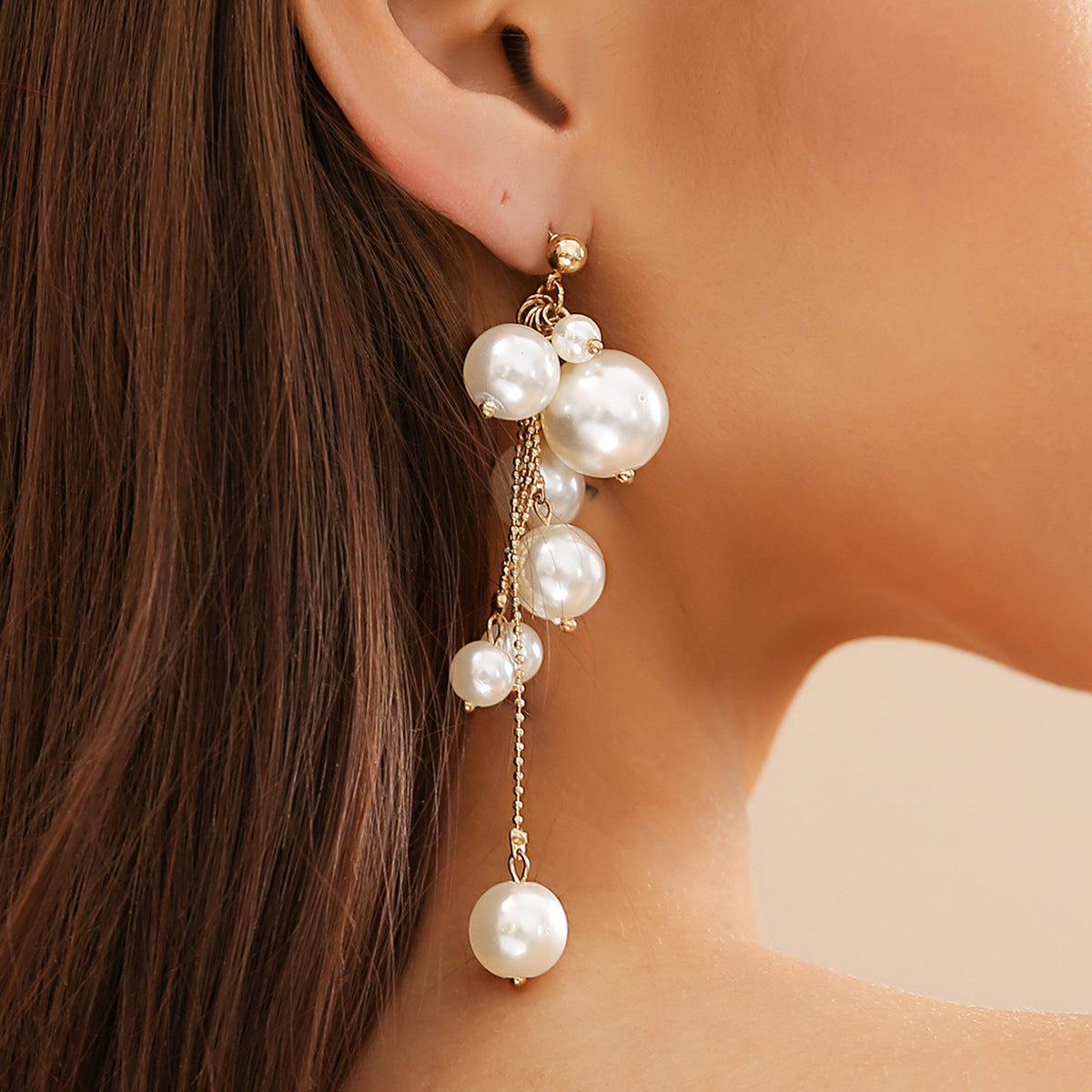 Sweet Geometric Faux Pearl Tassel Plated Earrings for Women