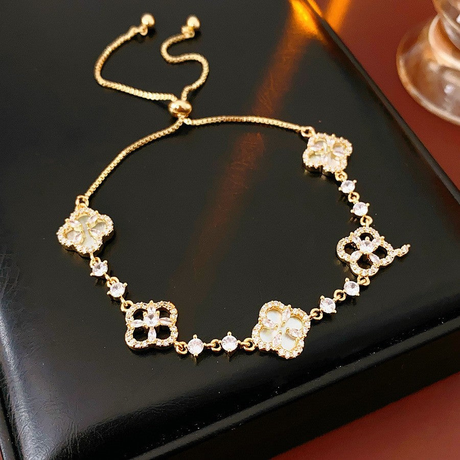 Elegant Geometric Floral Bracelet for Women in Plated Copper with Rhinestone Accents, Minimalist Office Style Hand Jewelry