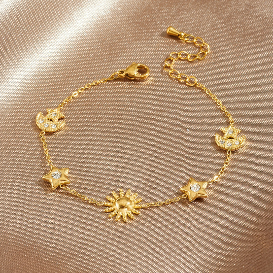 Sweet Gold Plated Stainless Steel Star Moon Sun Pendant with Rhinestone Inlay for Women