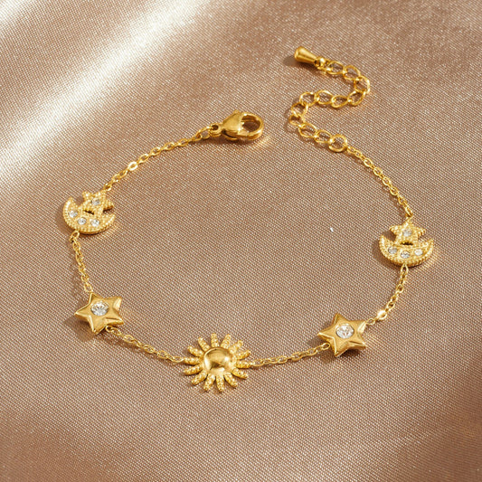 Sweet Gold Plated Stainless Steel Star Moon Sun Pendant with Rhinestone Inlay for Women