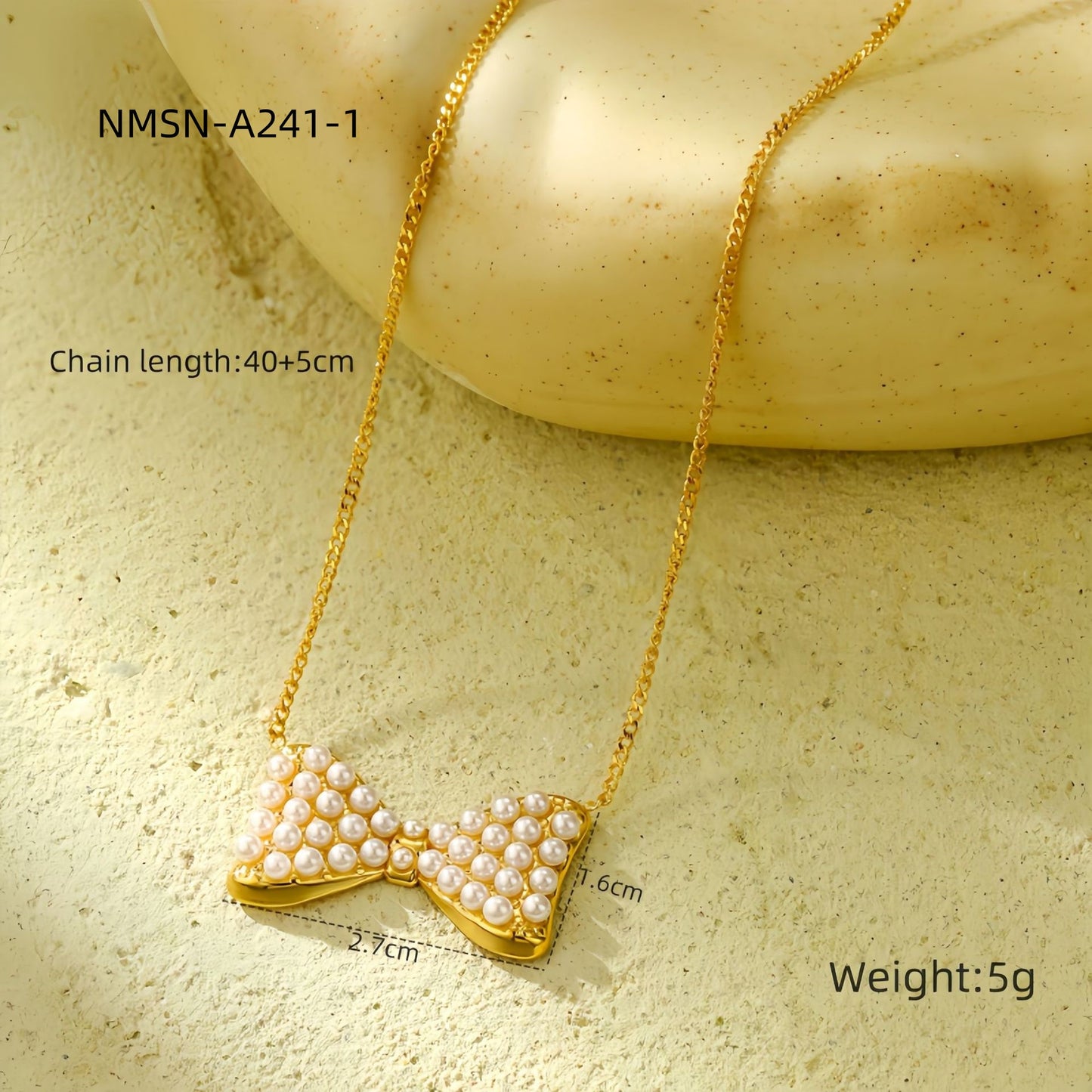 Set di orecchini eleganti con fiocco e perle e collana in acciaio inossidabile con finitura placcata per donna