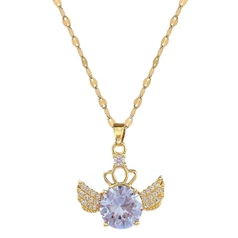 Collar minimalista geométrico con colgante de luna para mujeres y hombres Cadena de acero inoxidable con diseño de corona y alas