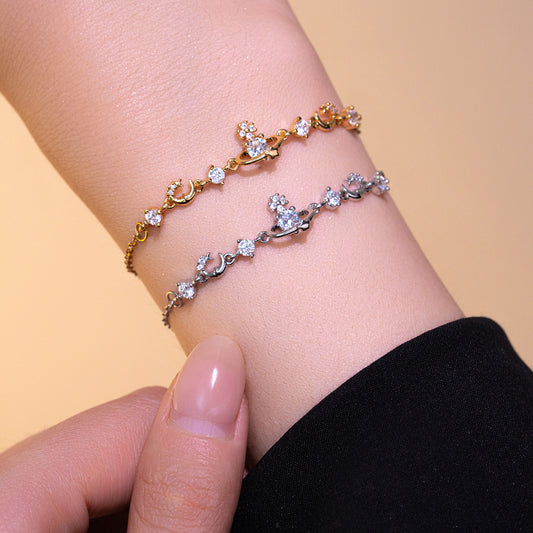 Braccialetto Minimalista a Forma di Saturno in Acciaio al Titanio con Intarsio di Strass per Donne, Accessorio di Moda Ipoallergenico Placcato Sottovuoto