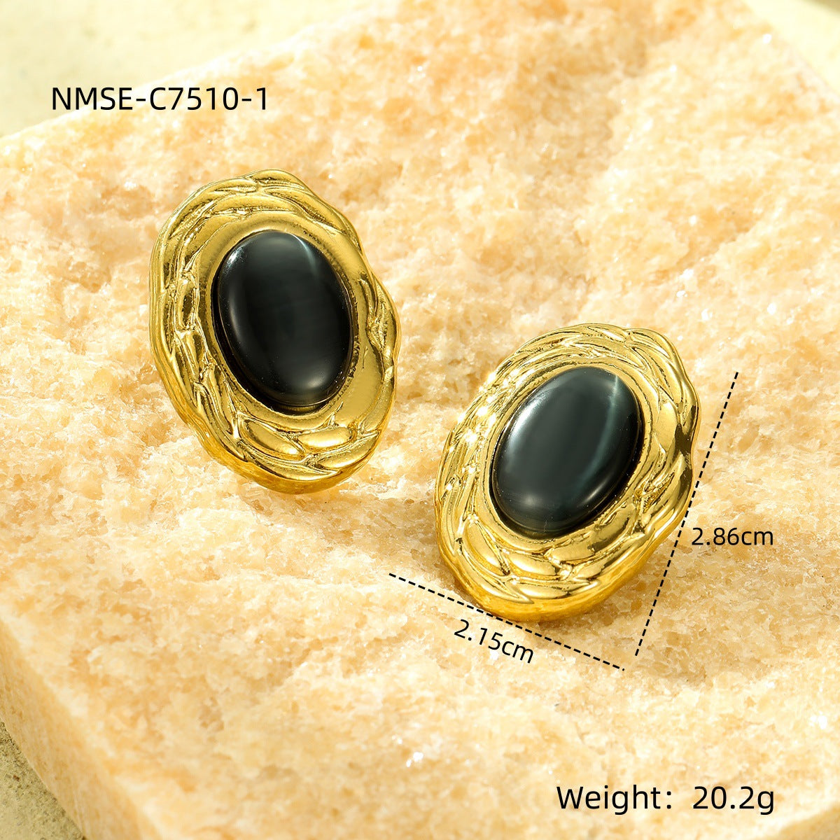 Elegantes pendientes de tuerca de acero titanio con textura ovalada, estilo lujo francés, piedra natural de ojo de gato para mujer