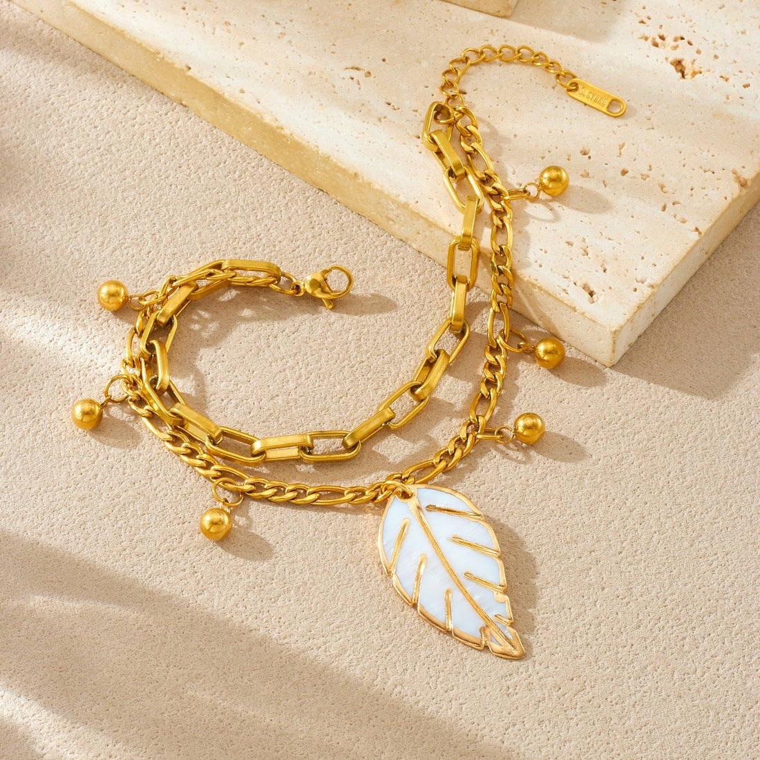Vintage Casual Double Layer Stainless Steel Cable Chain Bracelet with Gold Bead Drip Oil Leaf Pendant