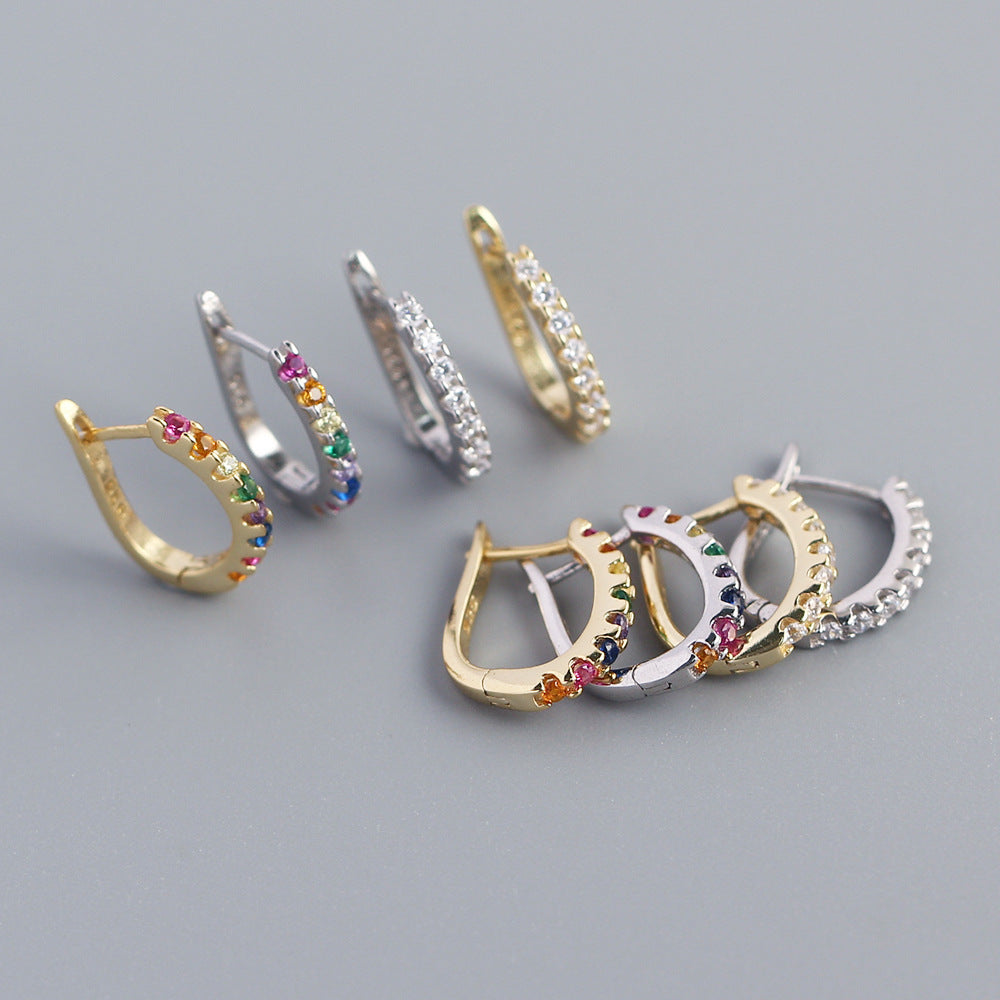 Pendientes de aro geométricos minimalistas en forma de U de plata de ley 925 con diamantes de una fila