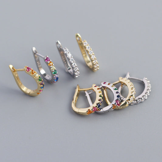 Orecchini a Cerchio Minimalisti a U in Argento Sterling 925 con Diamanti a Fila Singola