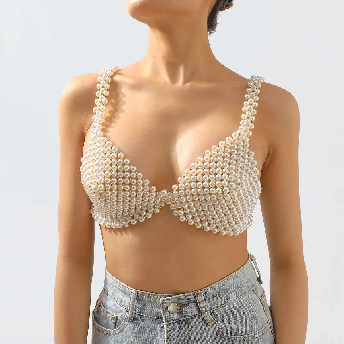Handmade Geometric Pearl Body Chain for Women with Imitation Pearls and CCB Accents