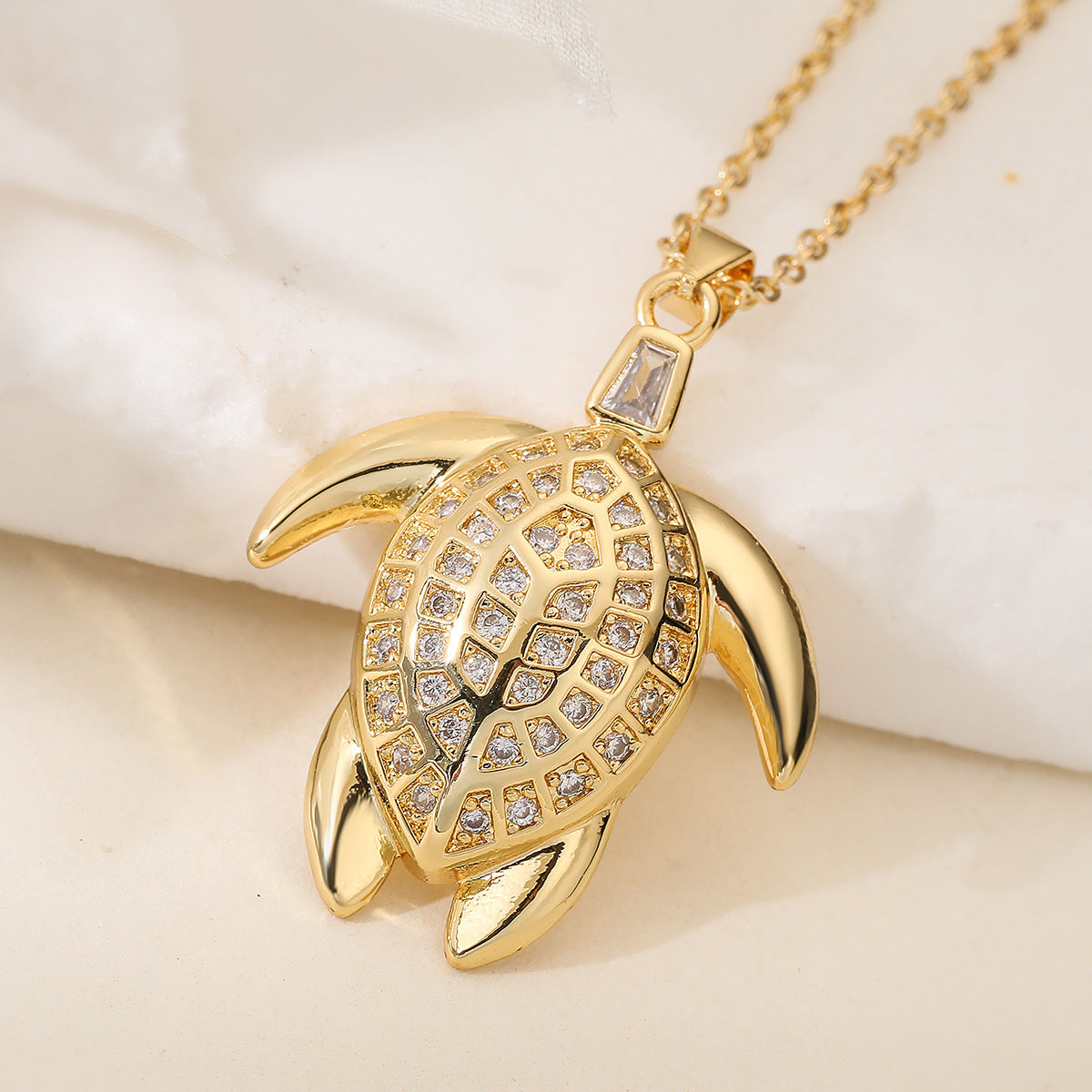 Minimalist Gold Plated Brass Cubic Zirconia Turtle Pendant Necklace for Women