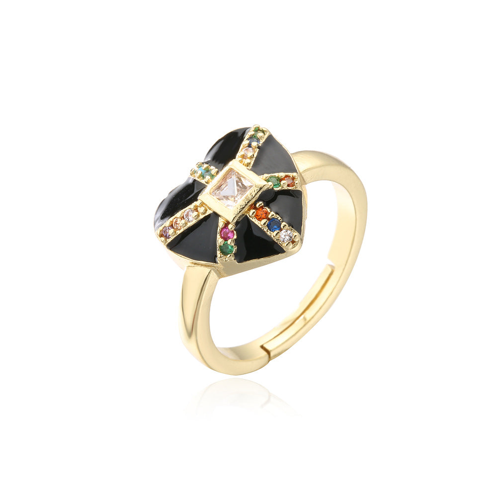 18K Gold Plated Brass Micro-inlay Cubic Zirconia Drip Oil Heart Ring for Women