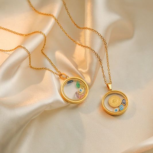 Minimalist Geometric Evil Eye Pendant Necklace for Women in Titanium Steel with Gold Plating