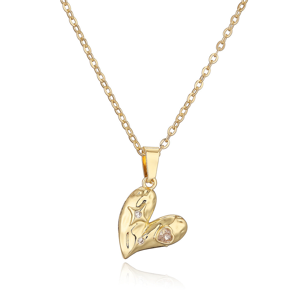 Collana minimalista da donna con pendente a cuore in rame, placcato oro vero e intarsio in zirconi