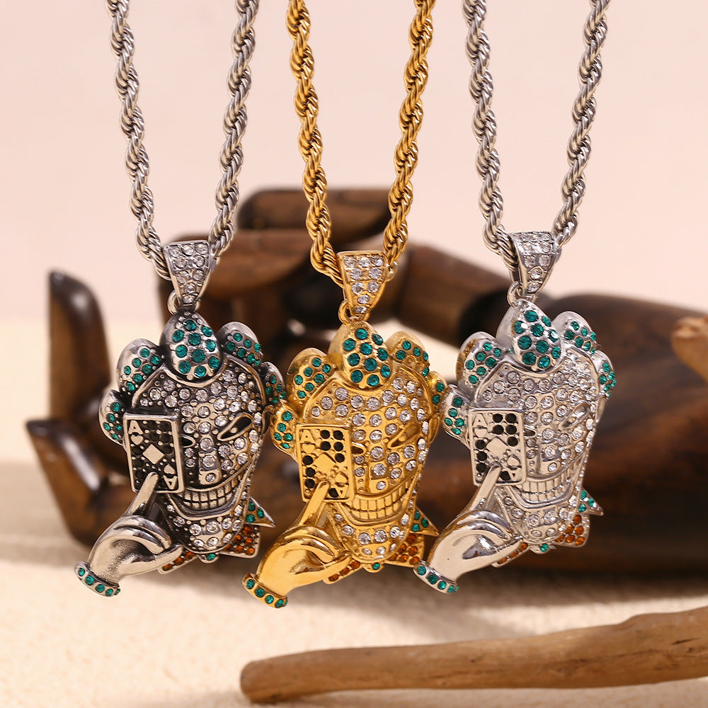 Vintage Geometric Stainless Steel Gold Plated Rhinestone Pendant Rope Chain Necklace for Men