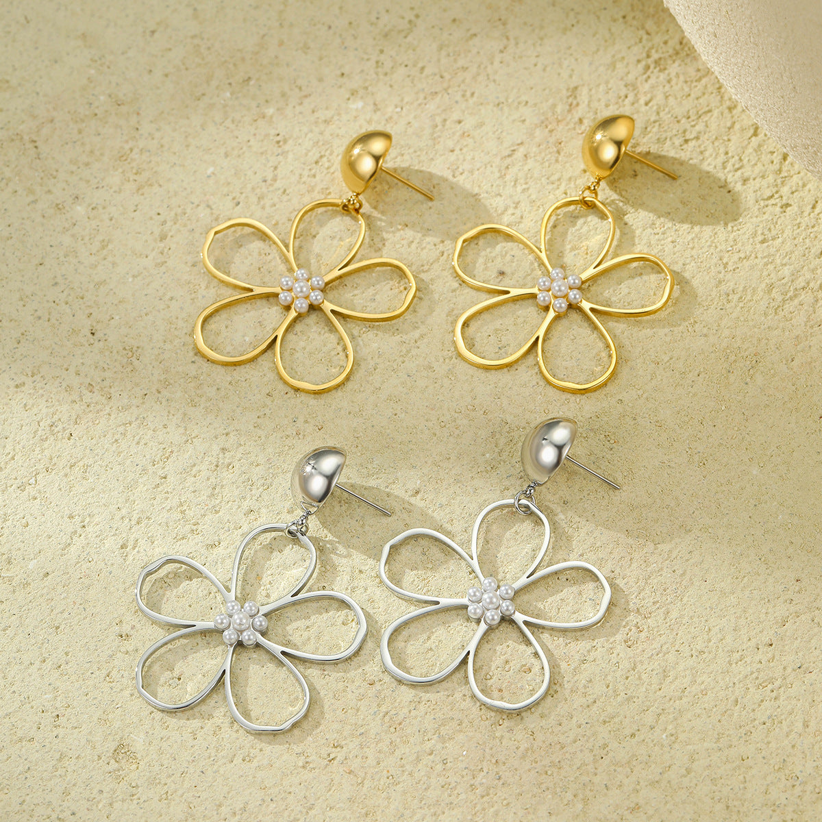 Pendientes de acero inoxidable con colgante de perla y flor hueca de estilo vintage para mujer con acabado chapado