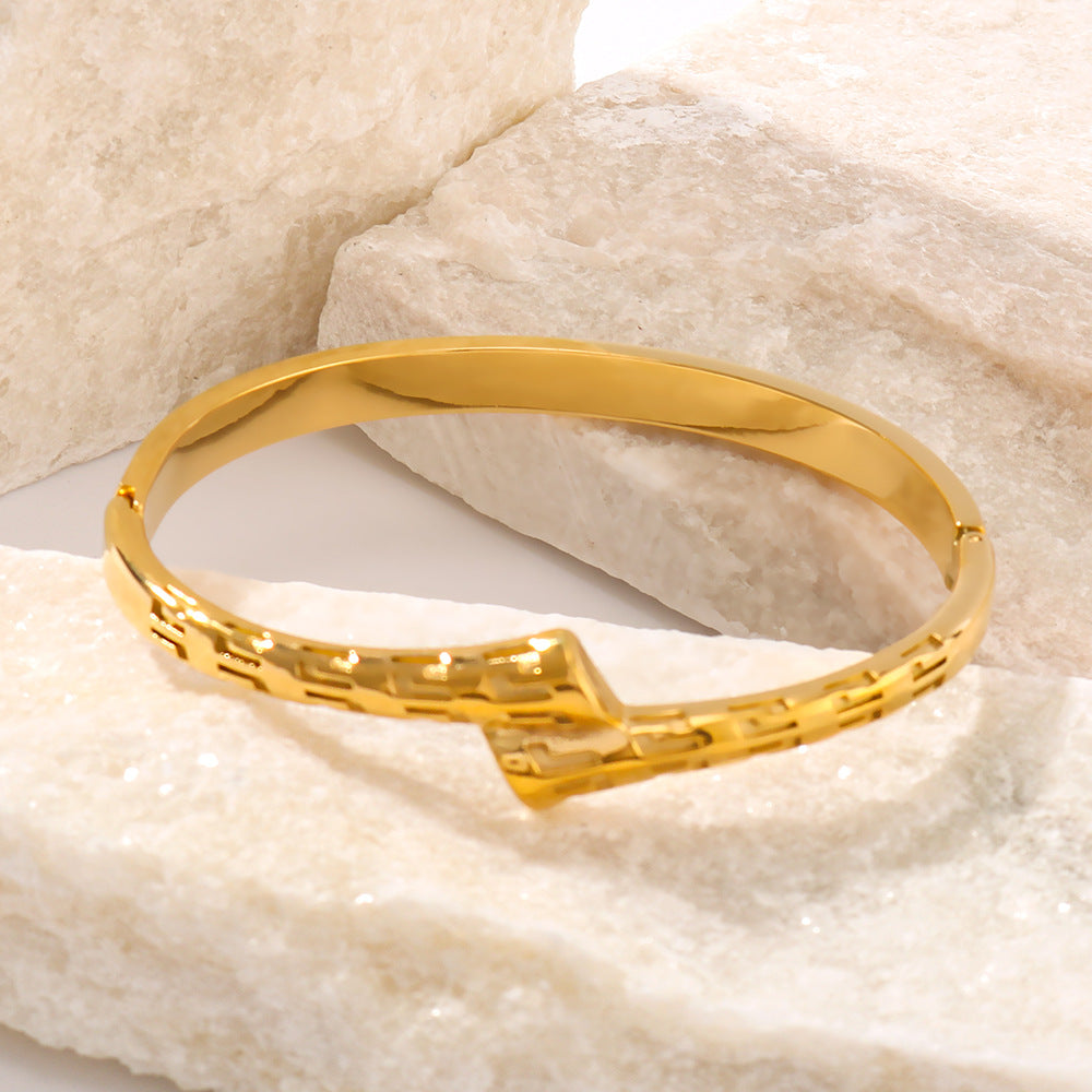 Asymmetrical Geometric Texture Stainless Steel Bracelet with 18K Gold Plating