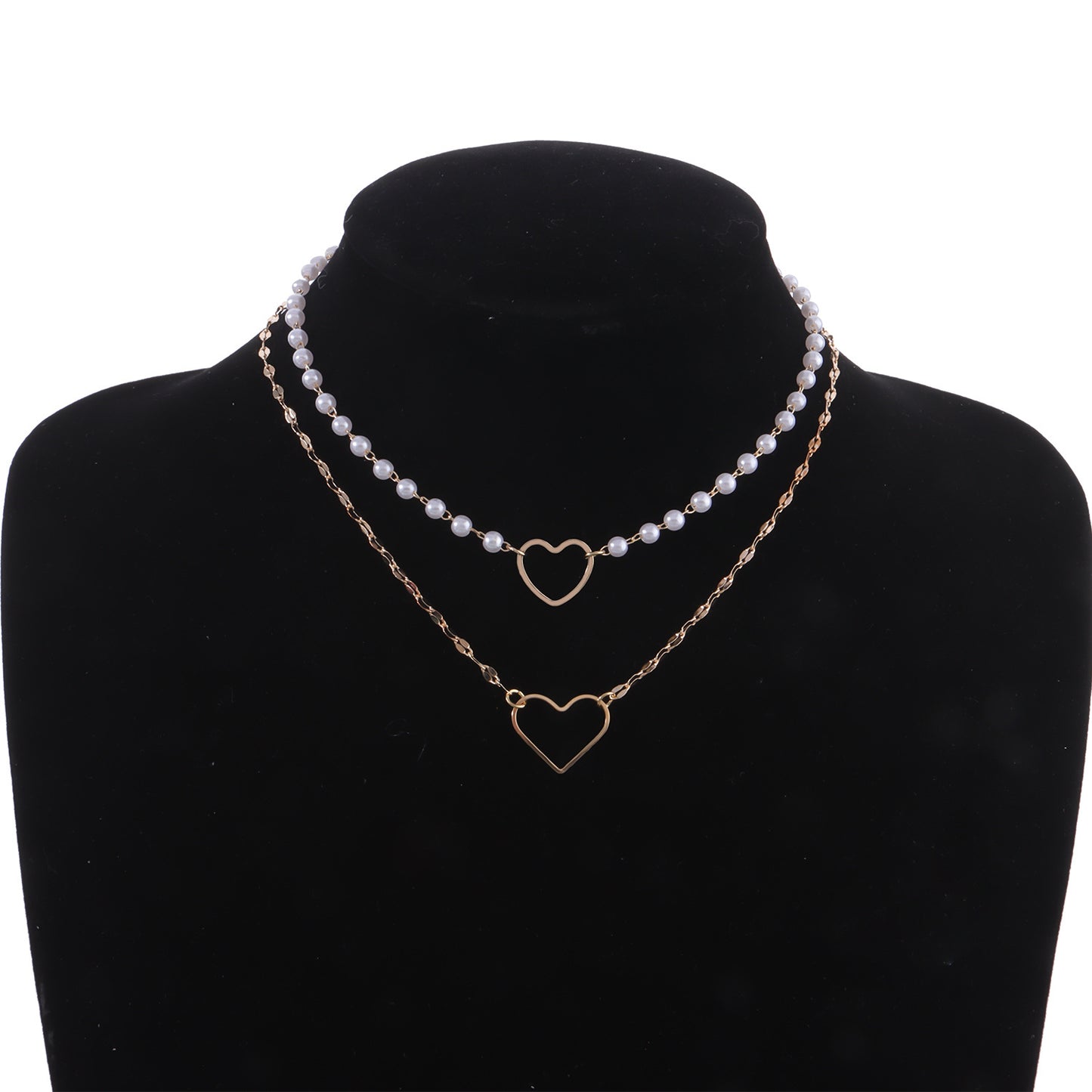 Fashion Heart-Shaped Alloy Pendant Necklace with Electroplated Finish and Double-Layer White Pearl Accents for Women