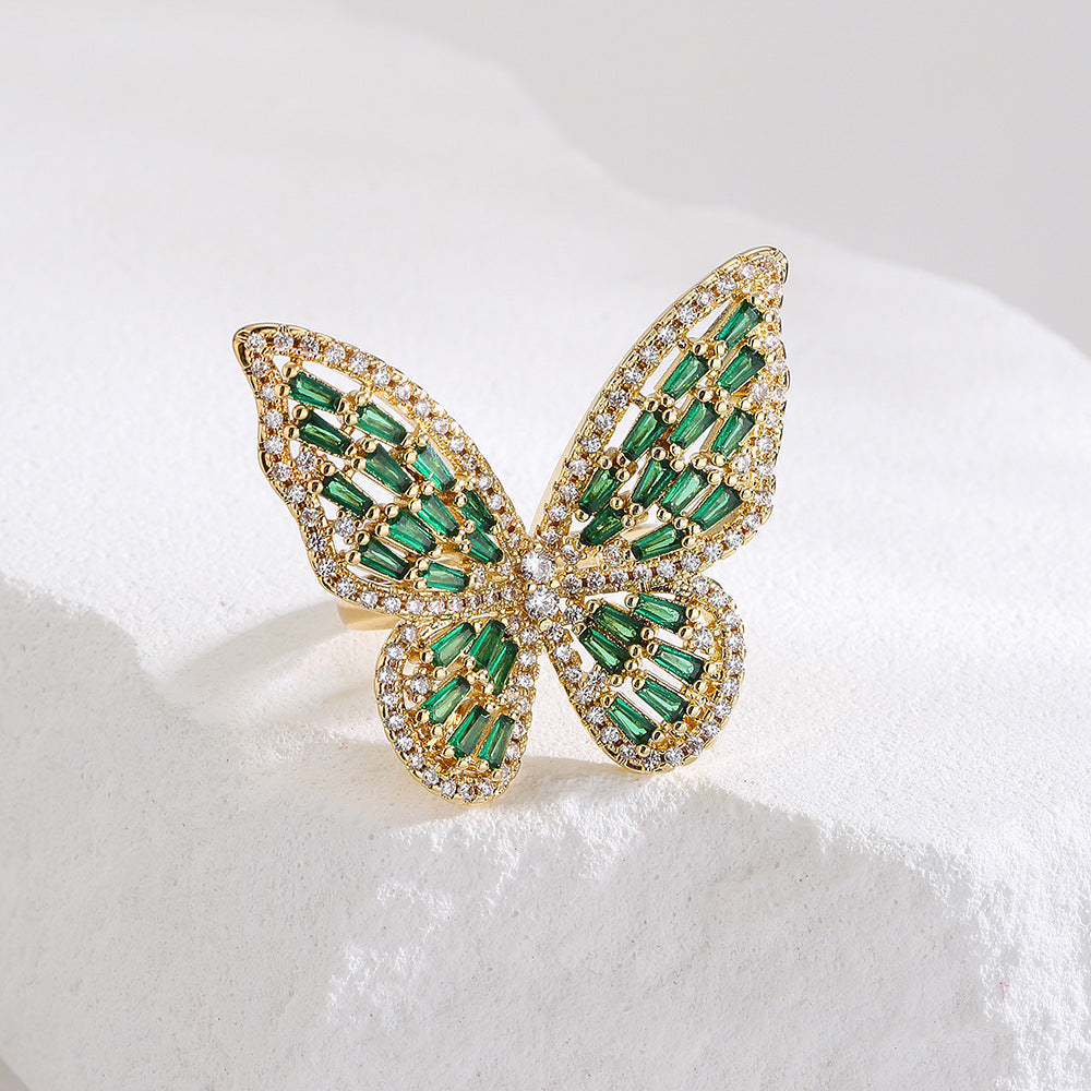 Elegant Luxury Butterfly-Shaped Ring for Women Made of Copper with Real Gold Plating and Micro-Pavé Colored Zirconia