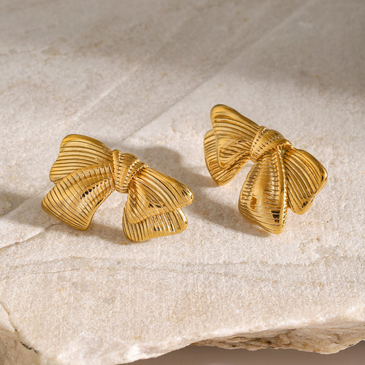 Trendy 18K Gold Plated Stainless Steel Bow Knot Stud Earrings for Women