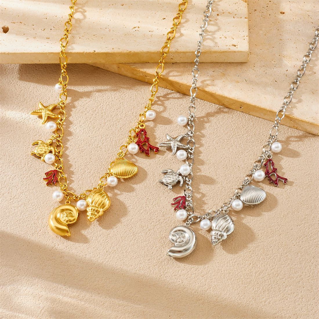 Gold Plated Drip Oil Starfish Shell Coral Pendant Stainless Steel Cable Chain Necklace for Women