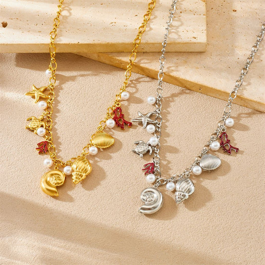 Gold Plated Drip Oil Starfish Shell Coral Pendant Stainless Steel Cable Chain Necklace for Women