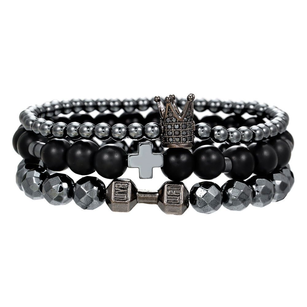 Unique Geometric Cross Crown Hematite Beaded Bracelet Set with Cubic Zirconia for Men and Women