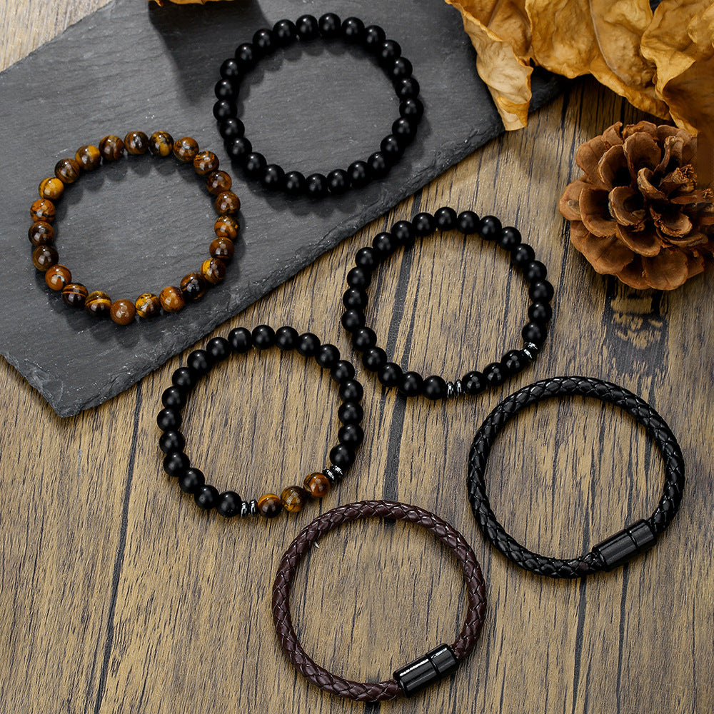 Hip-hop Punk Geometric Round Tiger's Eye Agate Hematite Leather Beaded Bracelet Set for Men