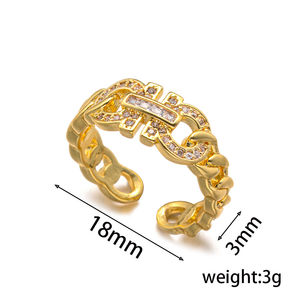Light Luxury Geometric Adjustable Open Ring for Women with 18K Gold Plated Copper and Letter Accent