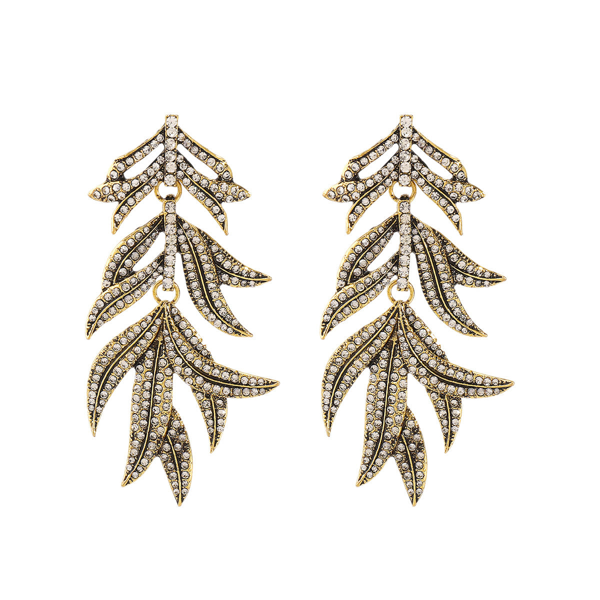 Elegant Leaf-Shaped Zirconia-Inlaid Zinc Alloy Earrings for Women with Stainless Steel Posts, Geometric and Botanical Design