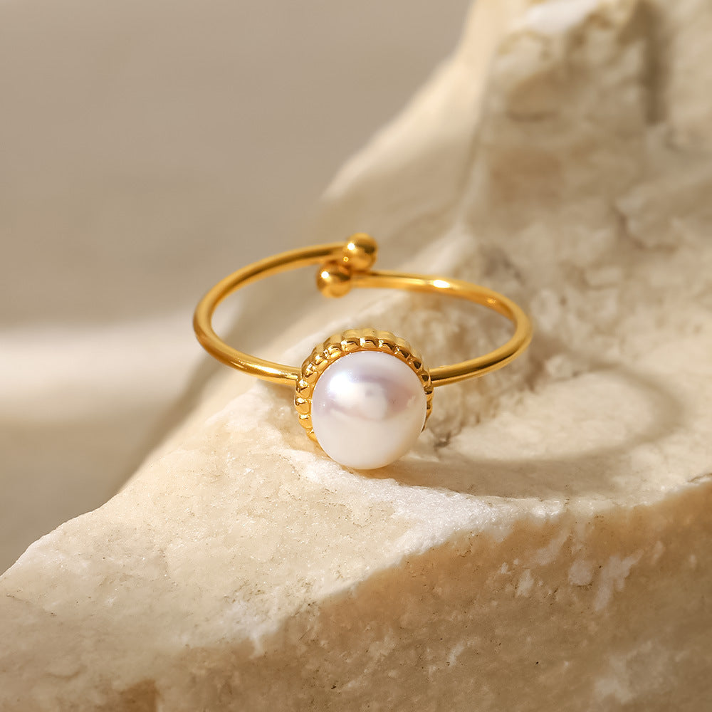 Anello Regolabile in Acciaio Inossidabile con Perle d'Acqua Dolce e Design Geometrico Placcato Oro 18K da Donna