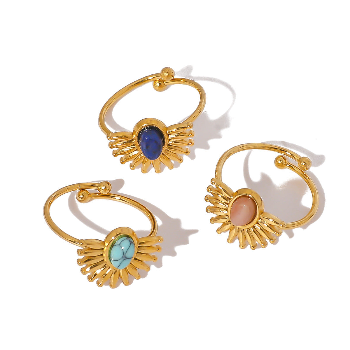 INS Style Geometric Sun-Shaped Stainless Steel Ring with Turquoise Inlay for Women and Men