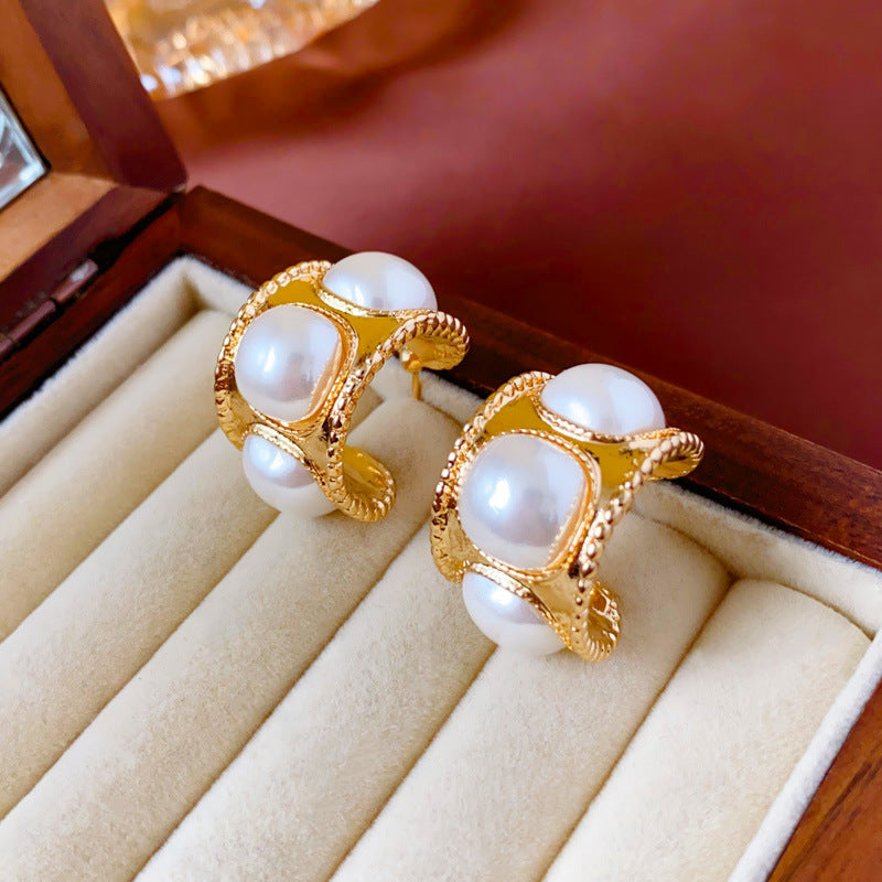 Eleganti Orecchini a Perno da Donna in Stile Francese Vintage con Zirconi Geometrici e Perle Imitazione