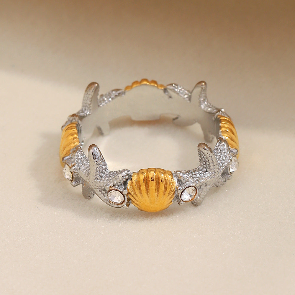 Fashionable Starfish-Shaped Stainless Steel Ring with 18K Gold Plating for Women
