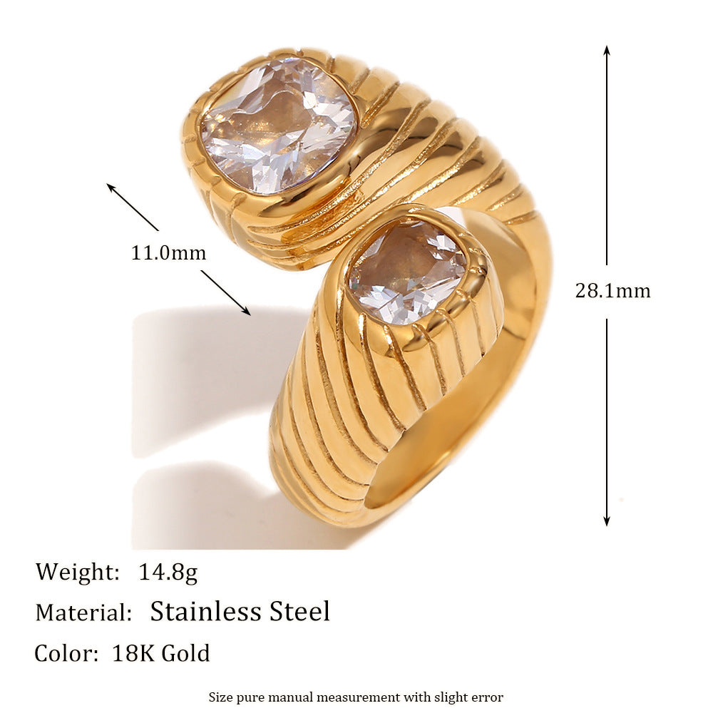 Minimalist Geometric Stainless Steel Ring with 18K Gold Plating and Dual-Zirconia Texture for Women