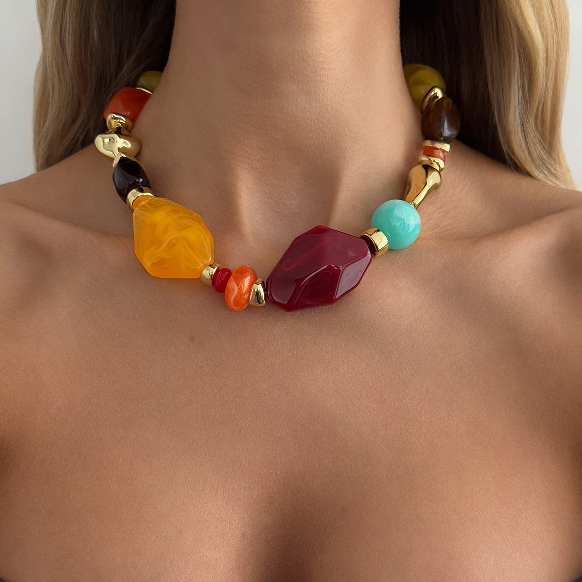Vintage Geometric Oval Resin and Imitation Pearl Beaded Necklace for Women