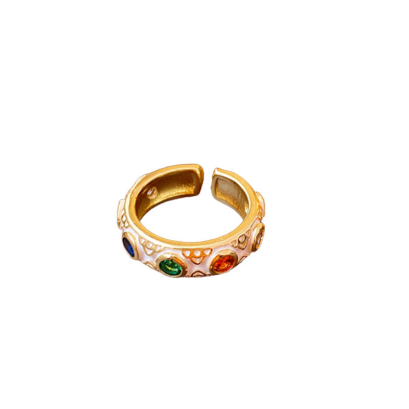 Anillo de círculo abierto geométrico vintage en cobre con acabado esmaltado e incrustación de circonita