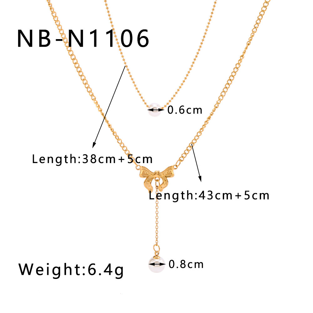 Vintage French Bow Double Layer Necklace with Pearl Pendant in Titanium Steel with 18K Vacuum Plating on O-Chain for Women
