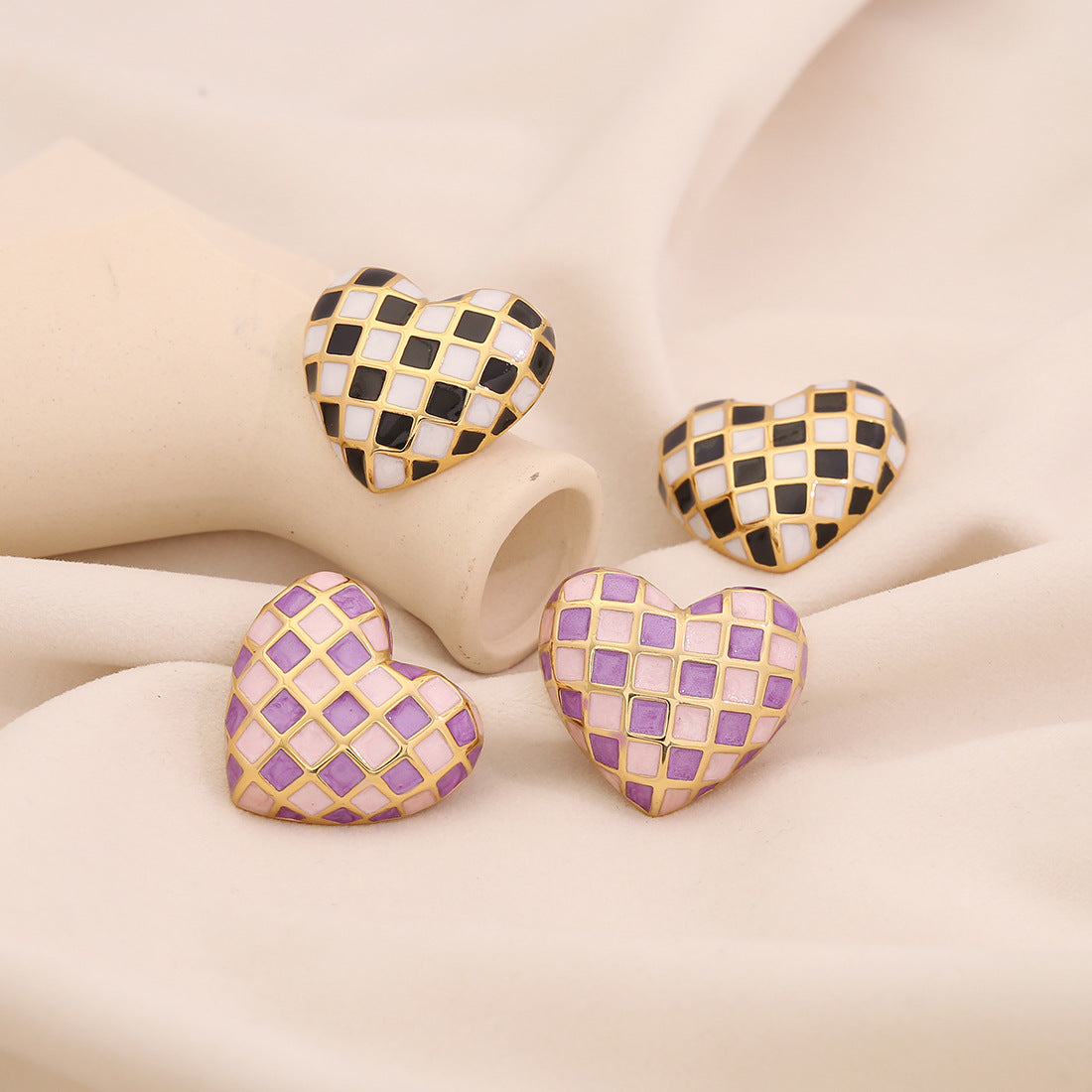 Minimalist Cold-Tone Heart-Shaped Stainless Steel Stud Earrings with Enamel Finish