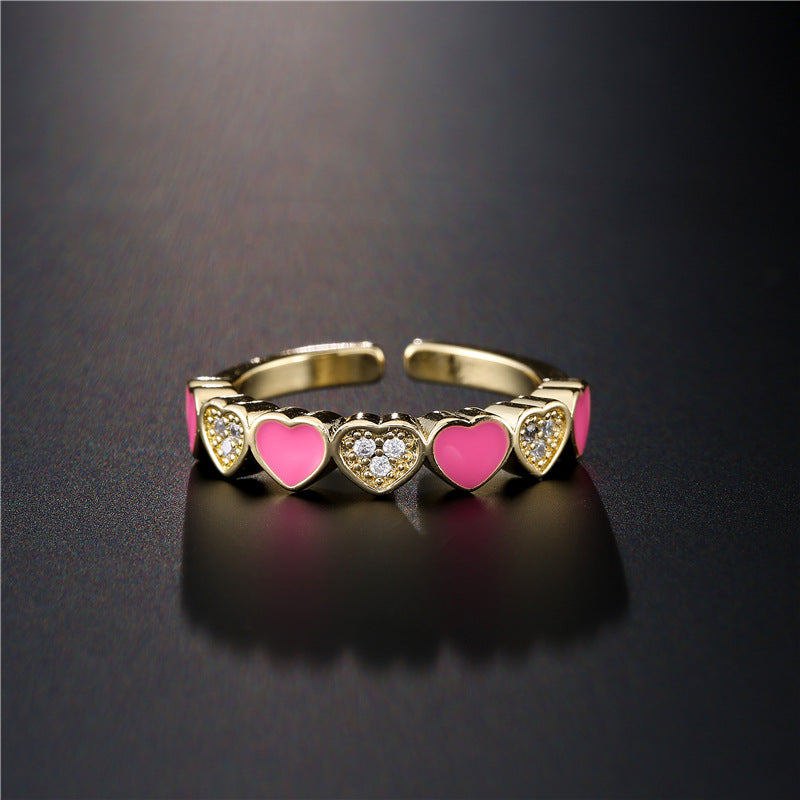 Drip Oil Heart Shaped Brass Ring with Micro-Inlaid Cubic Zirconia for Women