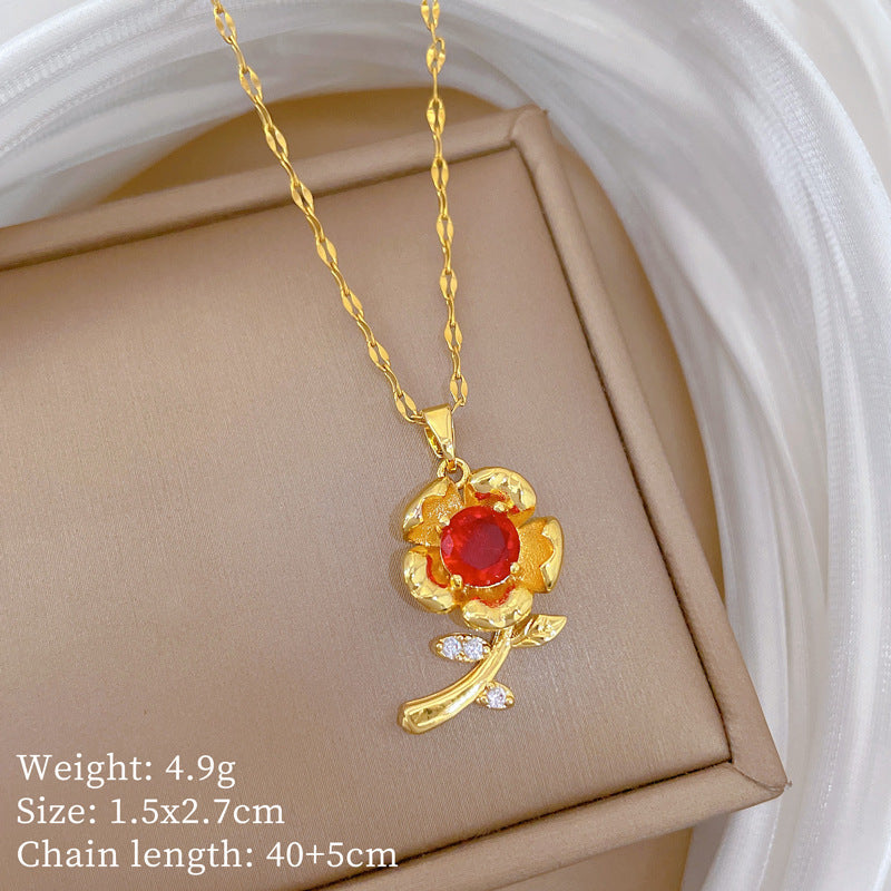Sweet Red Rose and Moon Rhinestone Pendant Titanium Steel Necklace Set for Unisex