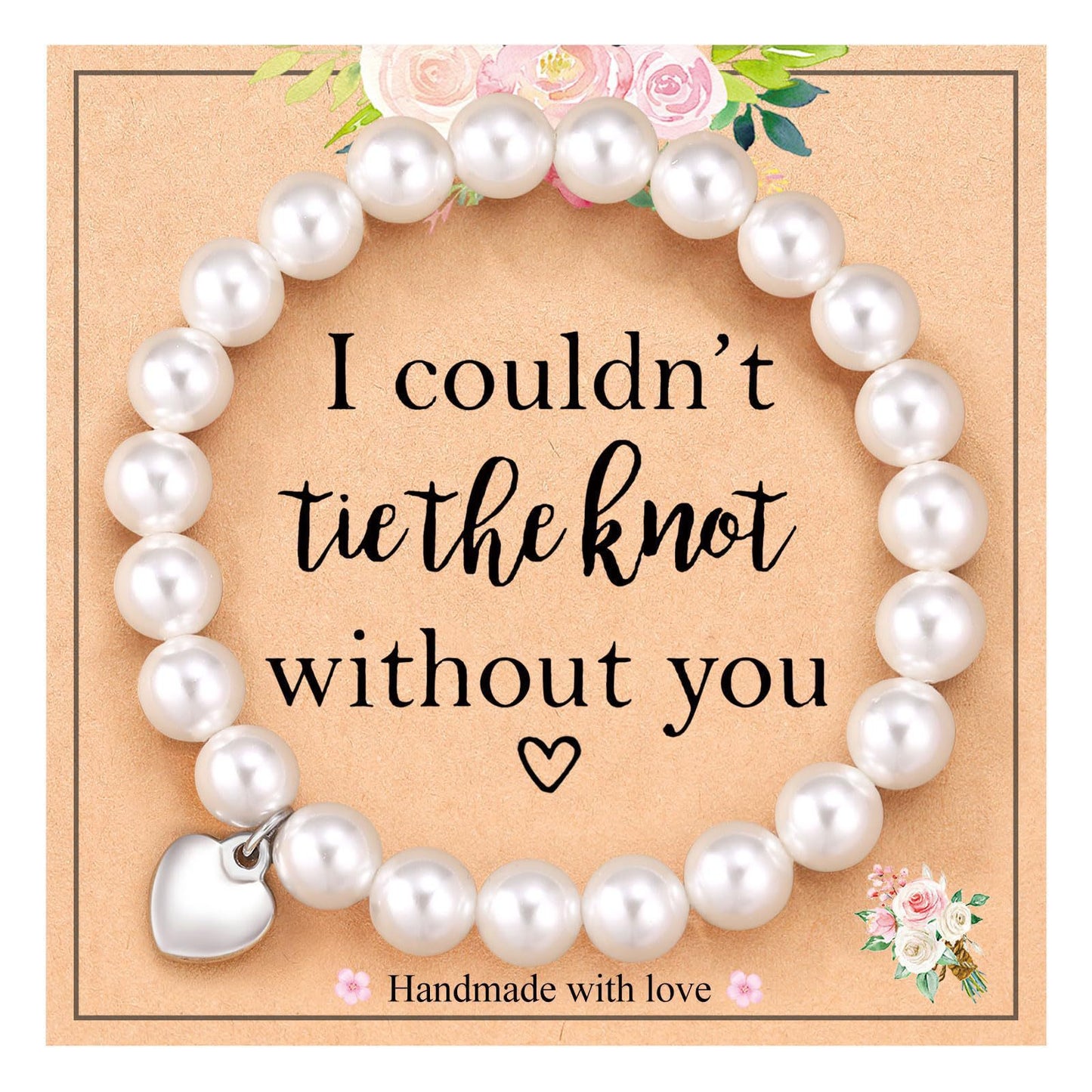 Minimalist 8mm Round Imitation Pearl Heart Charm Bracelet