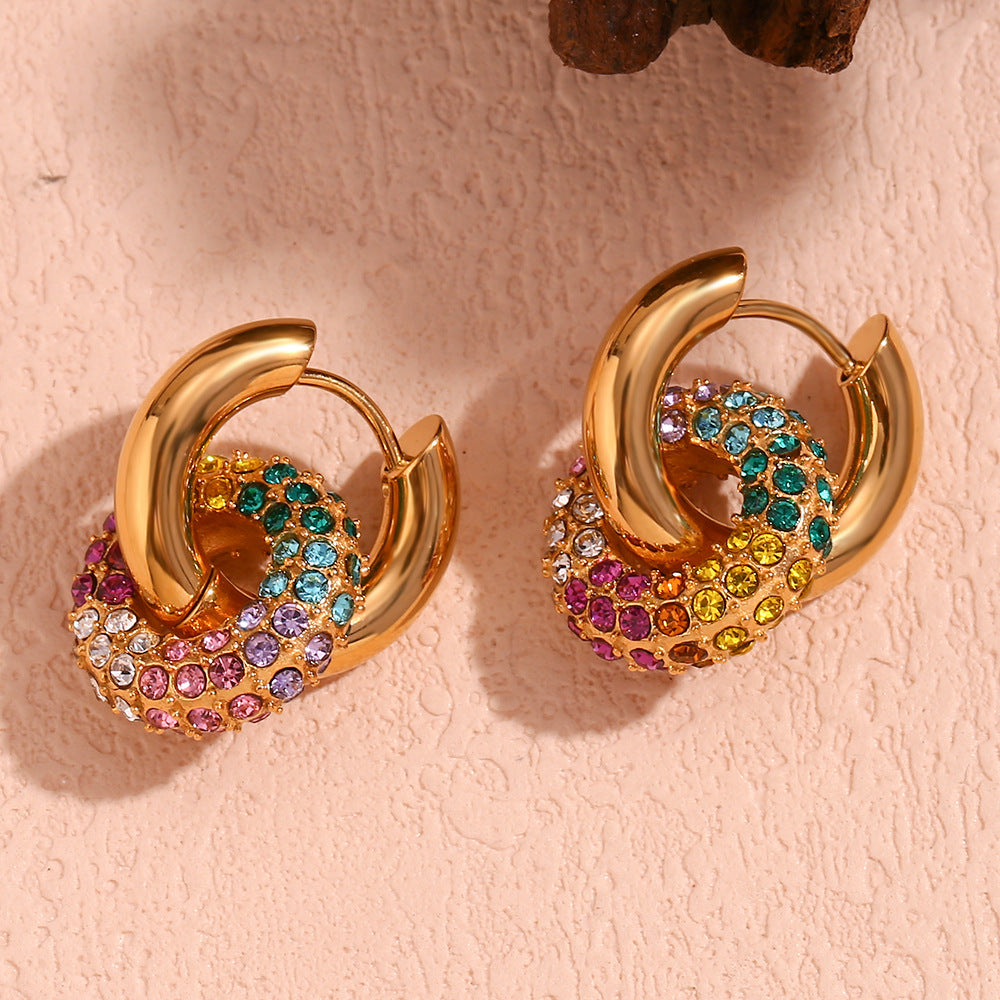 Minimalist Geometric Stainless Steel Earrings with 18K Gold Plating and Micro-Paved Colored Zirconia Hoops for Women
