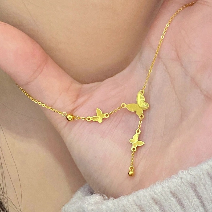 Original Design 18K Gold Plated Titanium Steel Butterfly Tassel Necklace Unisex O-Chain Pendant