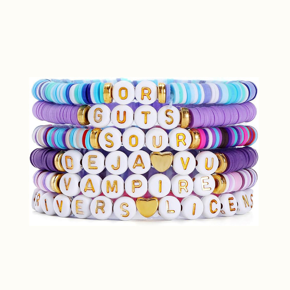 Purple Resin Letter Charm Bar Bracelet Set Unisex