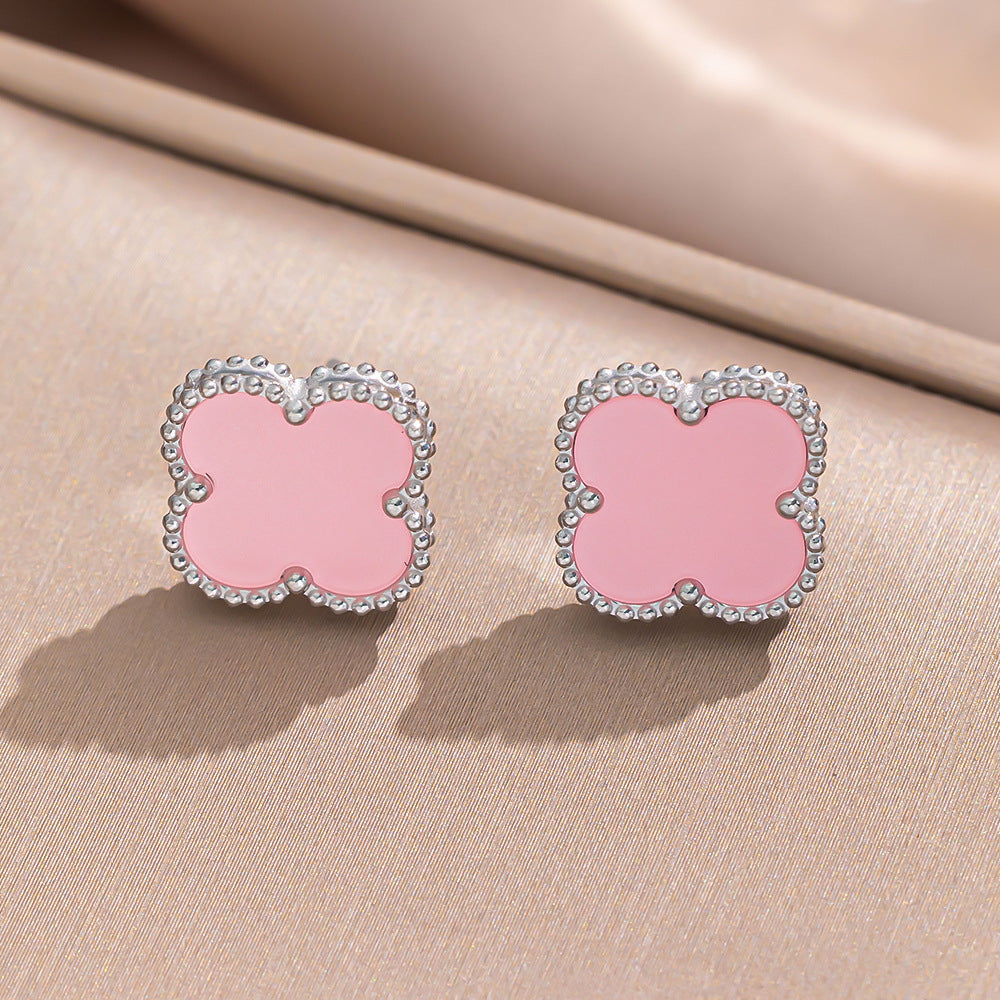 Bracciale Donna Lusso Stile Quadrifoglio in Acciaio al Titanio con Strass e Intarsio in Concha