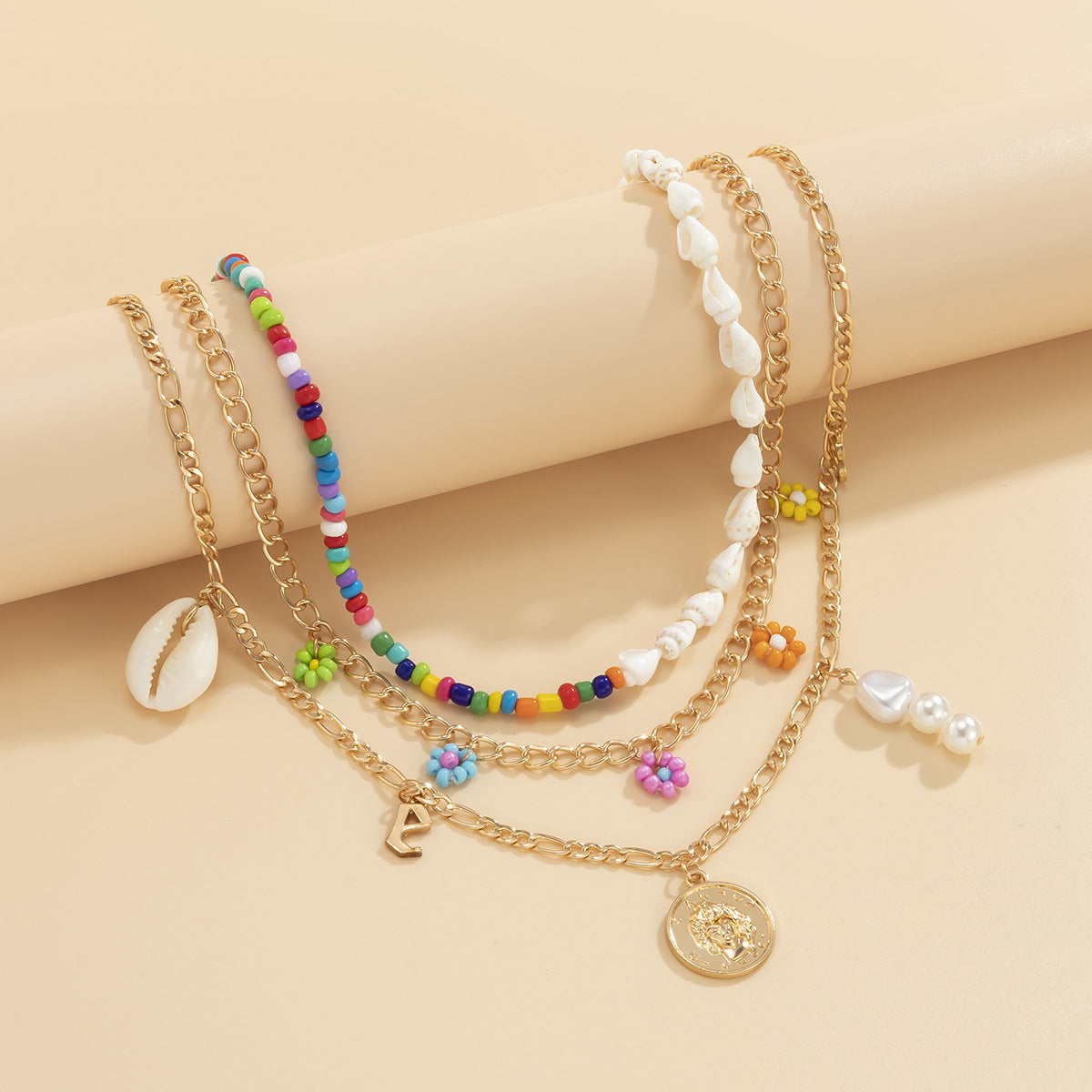 Asymmetrical Ocean-Inspired Shell and Daisy Pendant Necklace with Tassel Accents for Women, Alloy Base with Plating Finish, Geometric Design on Beaded Chain
