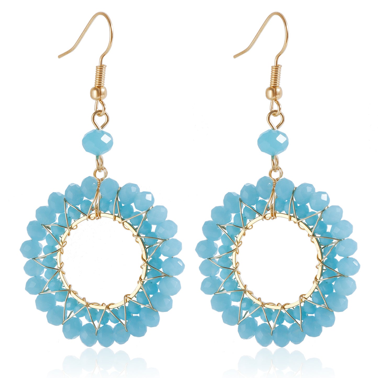 Pendientes de aro tejidos de cristal coloridos para mujer con forma geométrica y acabado galvanizado