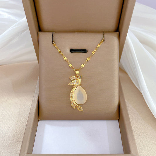 Collar con colgante de fénix de ojo de gato geométrico minimalista para mujer con cadena de acero de titanio e incrustaciones de diamantes de imitación
