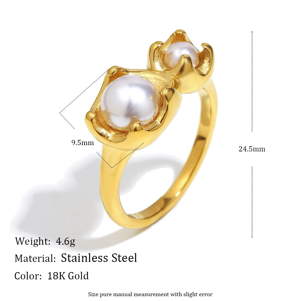Anello da donna di lusso in acciaio inossidabile con motivo floreale geometrico, placcatura in oro 18 carati e perle simulate