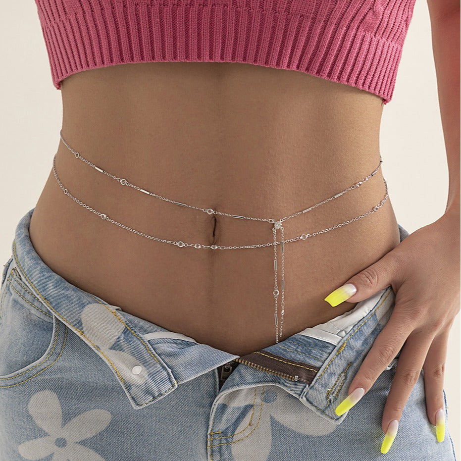 Hip-hop Casual Matte Alloy Double Layer Body Chain with Crystal Tassel Adjustable Waist Chain for Women